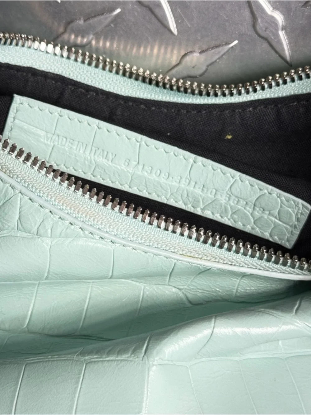 Balenciaga Supple Calfskin Croc Embossed Le Cagole Shoulder Bag in Green Aqua - Picture 10 of 11
